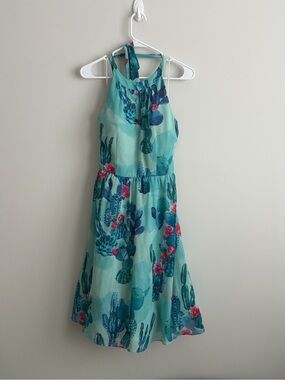 ModCloth Mint Green Cactus Floral Halter Dress Back Tie A-Line Size Medium